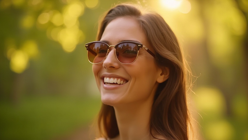 Lächelnde Frau mit getönter Sonnenbrille im warmen Gegenlicht